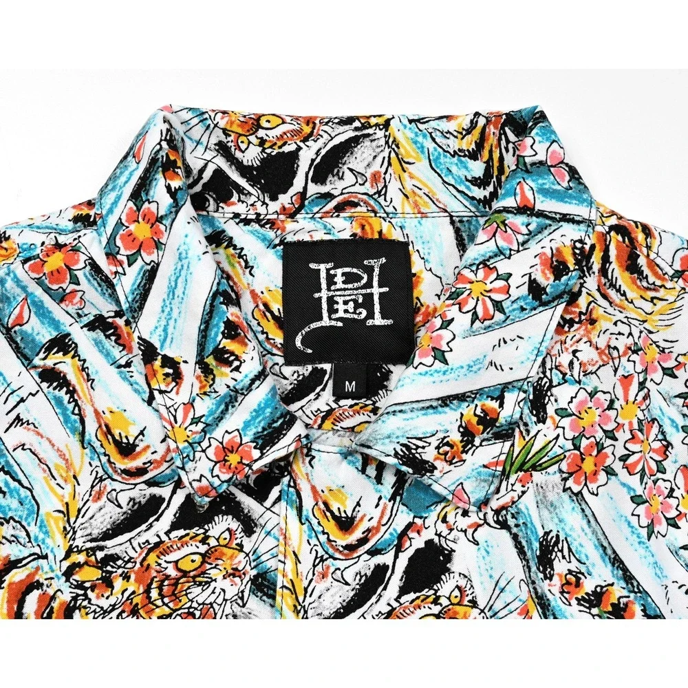 Ed Hardy Shirt Men's M Button‎ Front Camp Tiger Floral Flower Japan Skate Surf